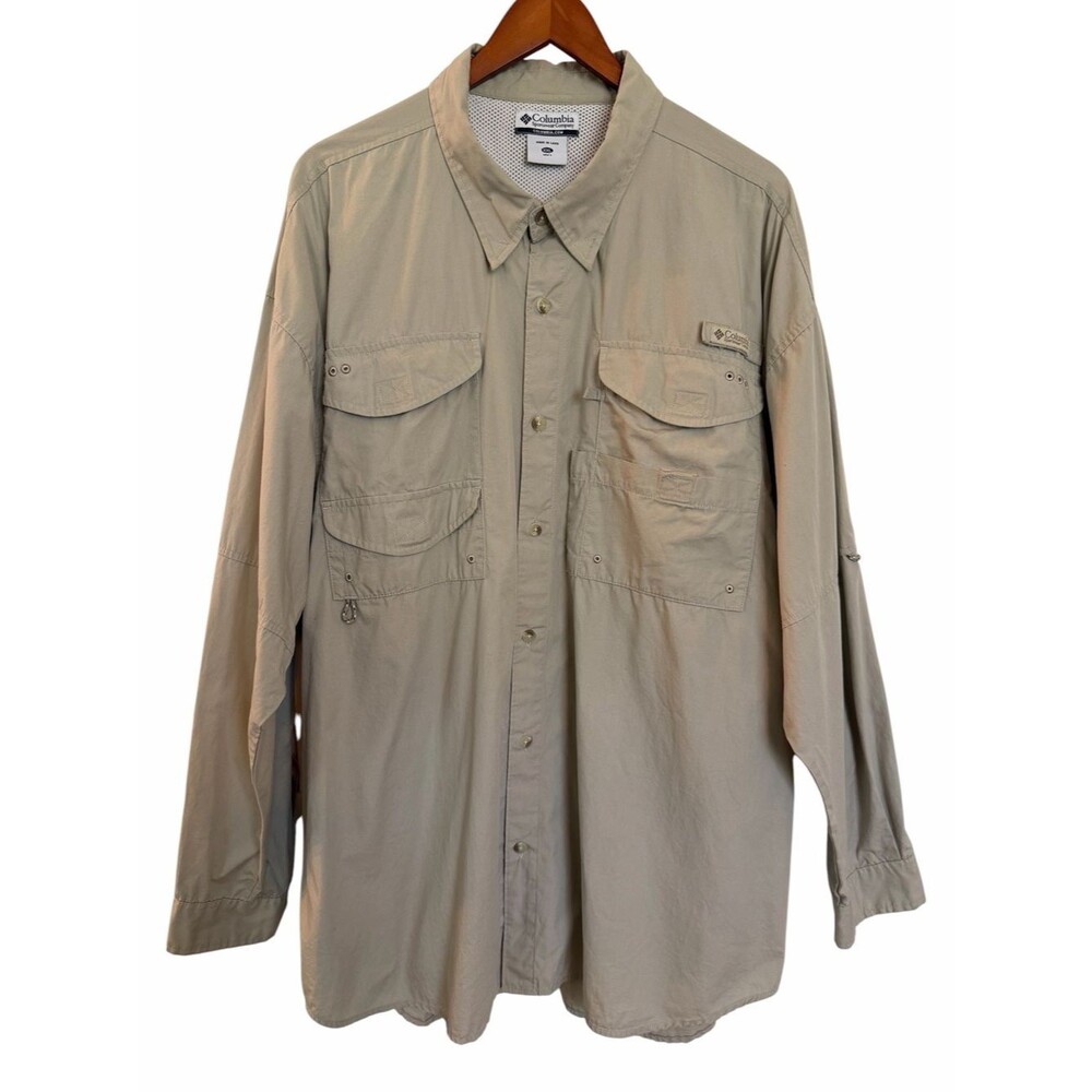 Columbia Mens XXL PFG Beige Button Long Slv Pockets Fishing Shirt Utility Vented